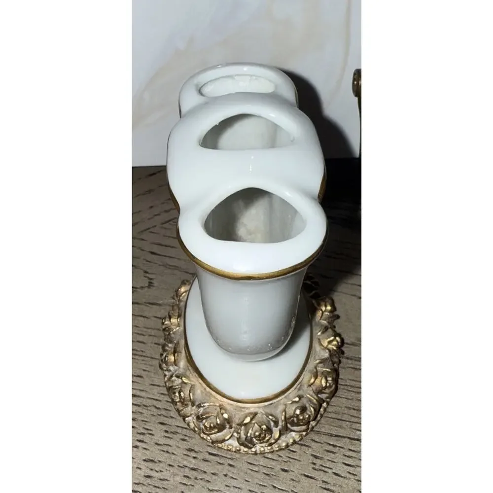 Vintage Heavy porcelain tooth brush holder White With Gold Roses Leaf 3.5 Inch
